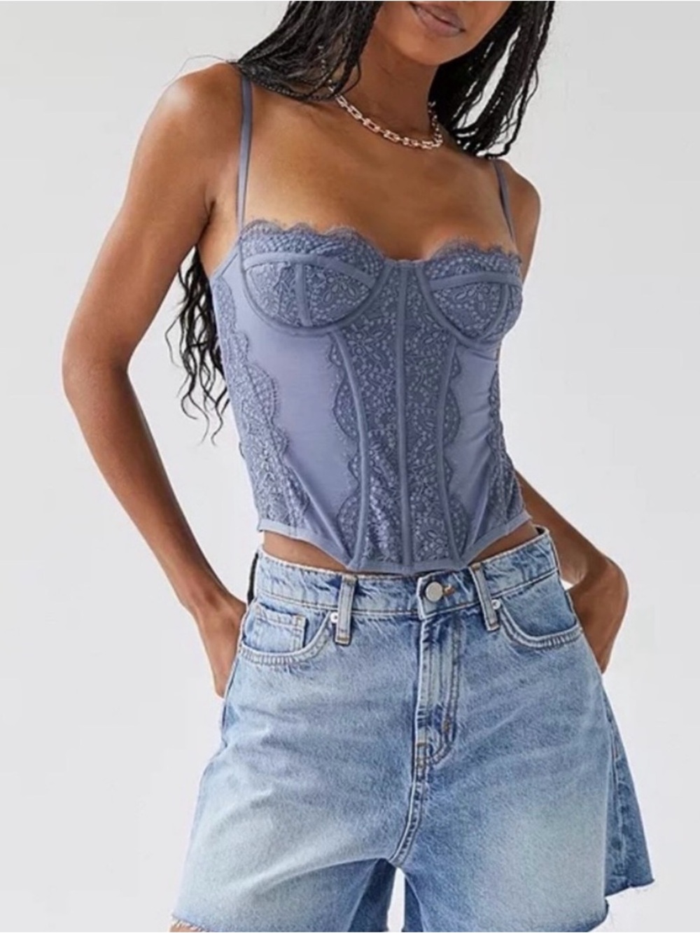 Out from Under Urban Outfitters Modern Love Corset Top Lacy Sz Small Slate Blue